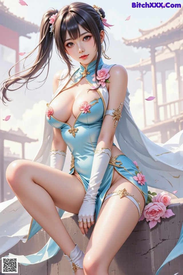 Hentai - The Frozen Elegance That Melts Starlight Set.1 20250104 Part 9 No.d03454 A woman in a blue and white outfit sitting on a wall.