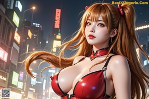 A woman in a red bikini and red gloves posing in front of a city.