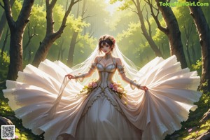 a woman in a wedding dress standing in the woods