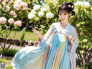 A woman in a white kimono posing in a garden.