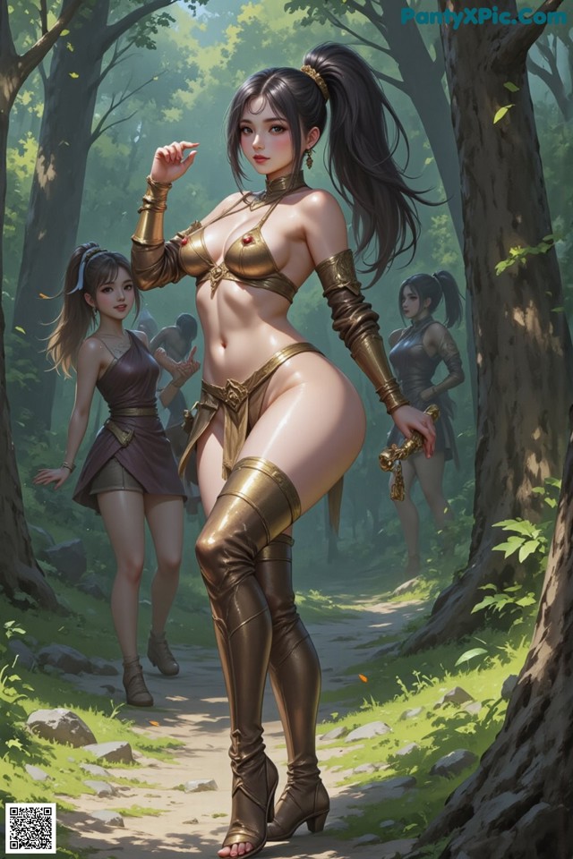 A woman in a bikini standing in the woods.