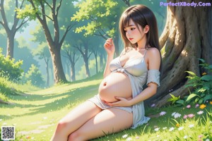 A naked woman sitting under a tree in the grass.