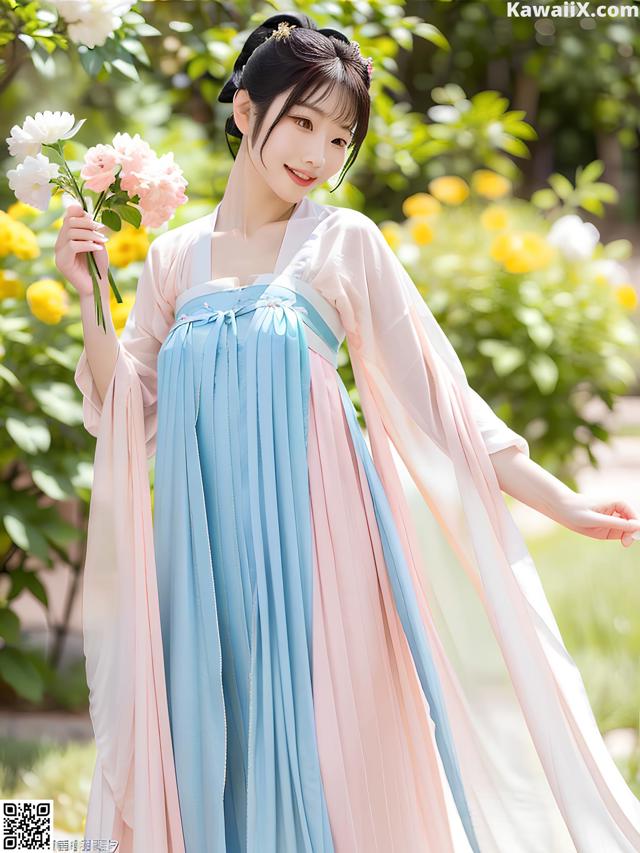 A woman in a blue and pink dress holding a flower.