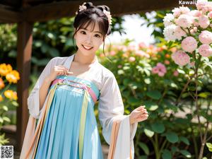 A young girl wearing a pink and blue hanbok.