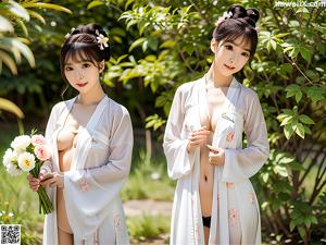 A woman in a pink and blue hanbok is posing for a picture.