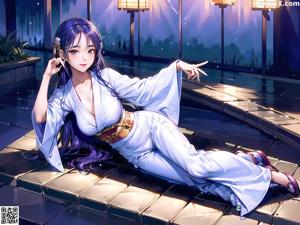 A woman in a purple kimono sitting on a bench.