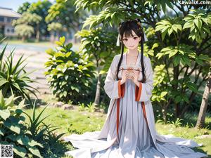 A woman in a white robe is posing for a picture.