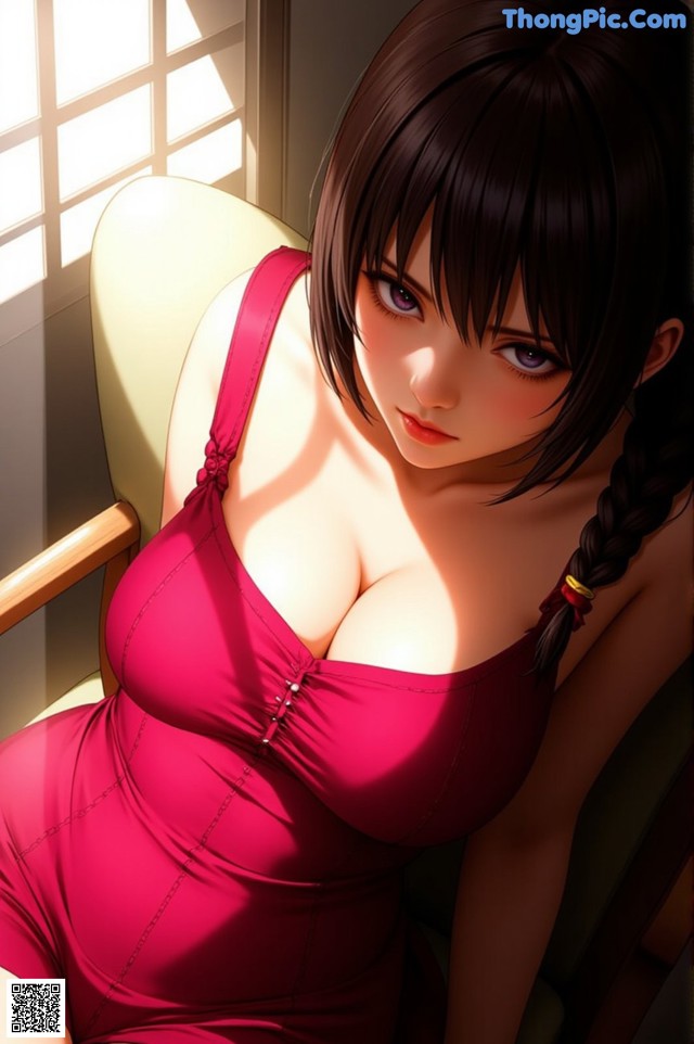 A woman in a red dress sitting in a chair.