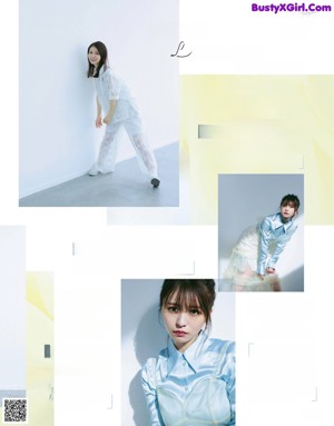 A woman in a blue shirt and white skirt posing for a magazine.