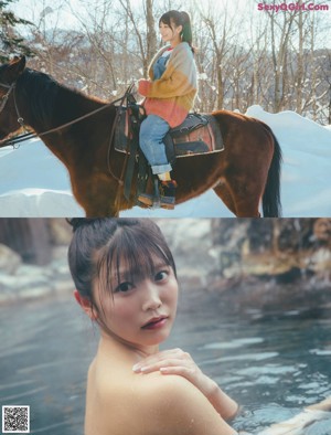 A collage of photos of a woman in a bikini in a pool.