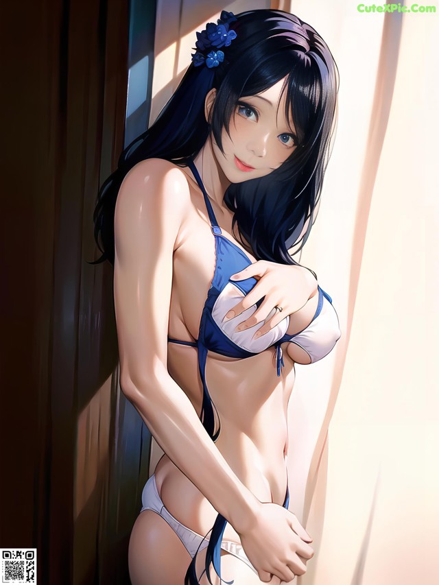 A woman in a blue and white bikini leaning against a wall.