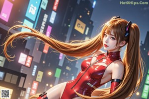 A woman in a red and blue outfit standing in the middle of a city.