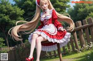 A woman in a red and white dress sitting on a chair.