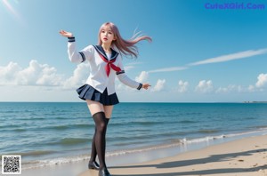 A woman in a school uniform poses for a picture.