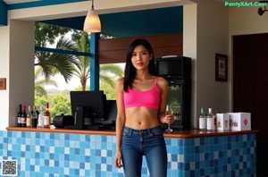 A woman in a white tank top and denim shorts posing in a kitchen.