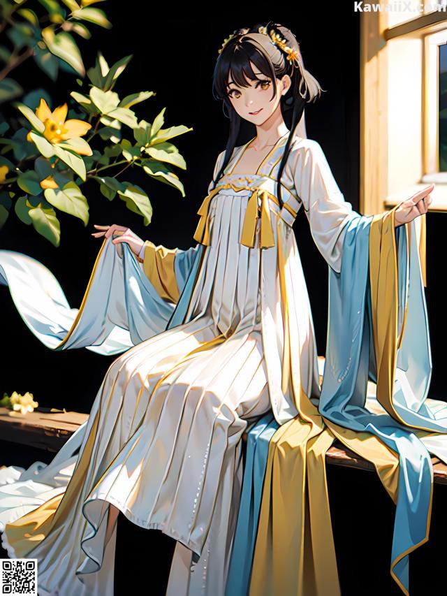 A woman in a white and blue dress sitting on a window sill.