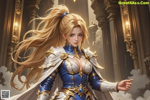 A woman in a blue and gold outfit holding a sword.