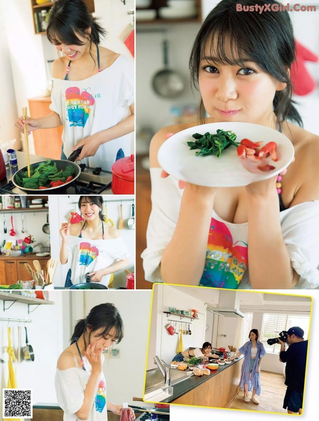 A collage of photos of a woman holding a plate of food.