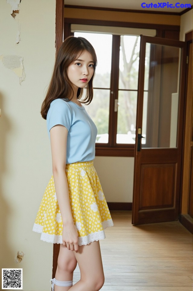 A woman in a blue shirt and yellow skirt posing for a picture.