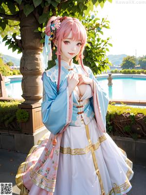 A woman in a chinese dress standing in front of a tree.