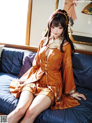A woman in a green kimono standing on a bed.