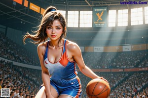 A woman in a red and white uniform holding a basketball.