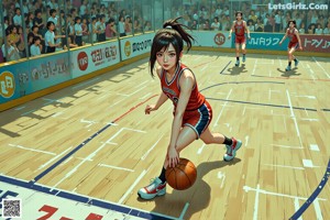 A girl dribbling a basketball on a basketball court.