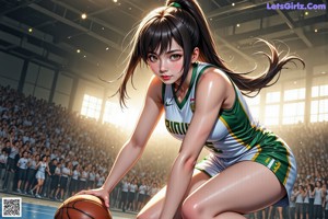 A girl in a basketball uniform dribbling a basketball on a court.