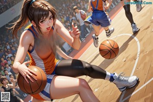 A couple of girls playing a game of basketball.