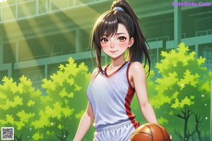 A woman holding a basketball on a basketball court.