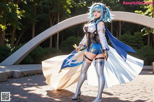A woman with blue hair standing in a field of flowers.