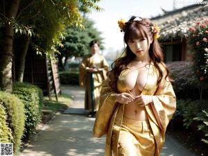 A woman in a blue kimono sitting on a bed.