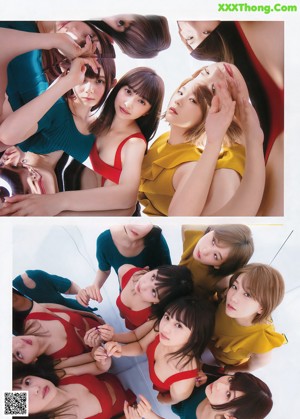 A group of young women in red and yellow dresses.