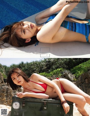 A collage of photos of a woman in a bikini.