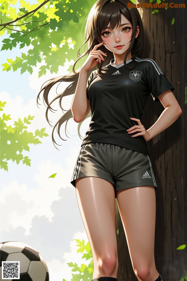 A girl in a soccer uniform leaning against a tree.