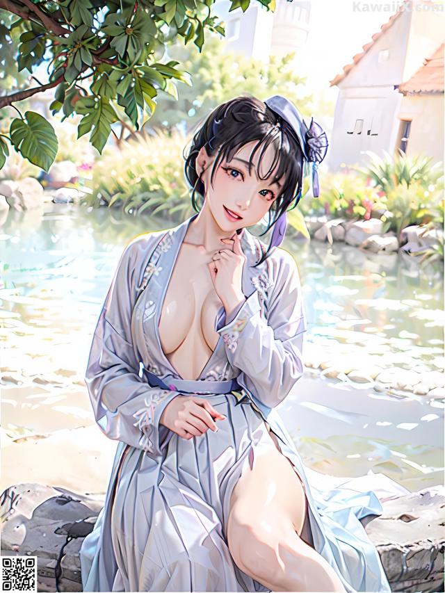 A woman in a blue kimono sitting on a rock by a river.