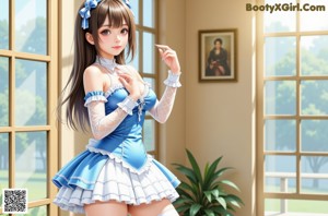 A woman in a blue and white lingerie posing for a picture.