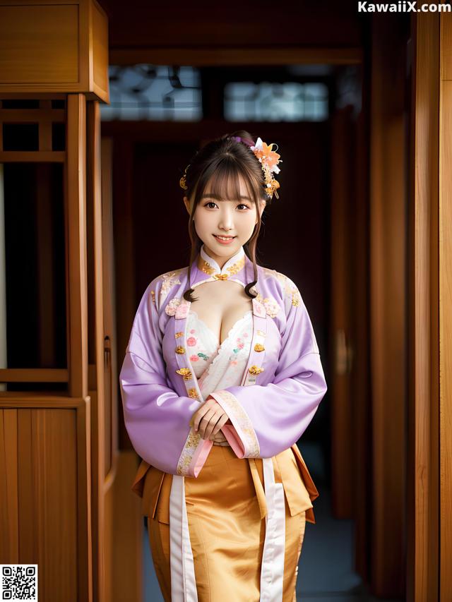 A woman in a purple and gold kimono posing for a picture.