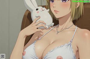 Anime girl with big tits sitting on a couch.