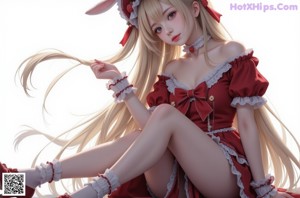 a woman in a red and white dress sitting on a bed