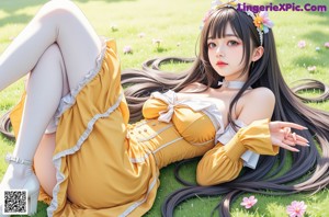 A woman in a pink dress sitting on a chair.