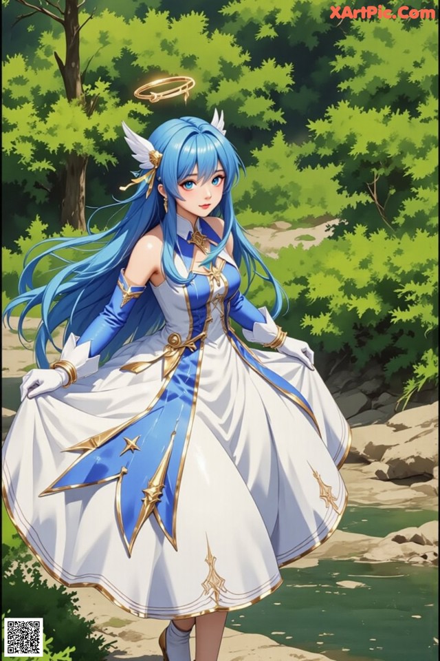 Hentai - Captivating Grace of the Cosmic Maiden Set.2 20250125 Part 6 No.7fb36b A woman in a white dress with blue hair and a halo.