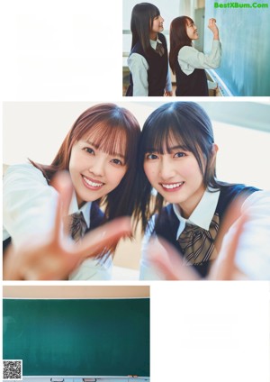 A couple of young women standing next to each other in school uniforms.