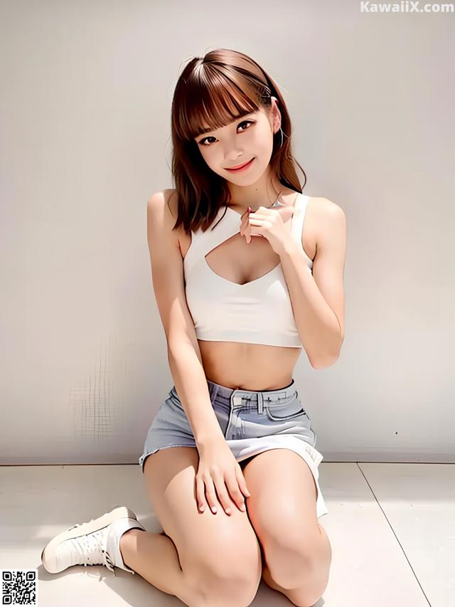 A woman in a white top and denim shorts posing for a picture.