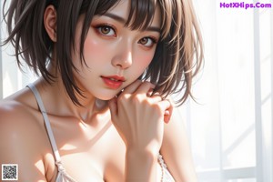 a woman in a white lingerie sitting on a bed