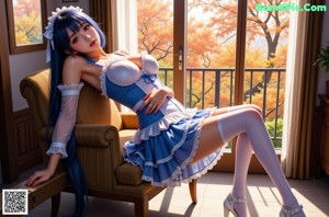 A woman in a blue and white outfit sitting on a bed.