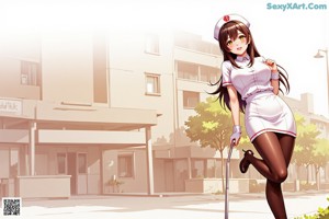 A woman in a nurse outfit sitting on a bed.