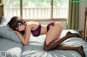 A woman in a purple lingerie sitting on a bed.