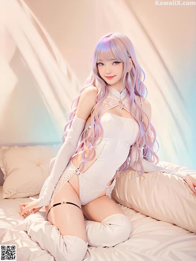 A woman in a white bodysuit sitting on a bed.