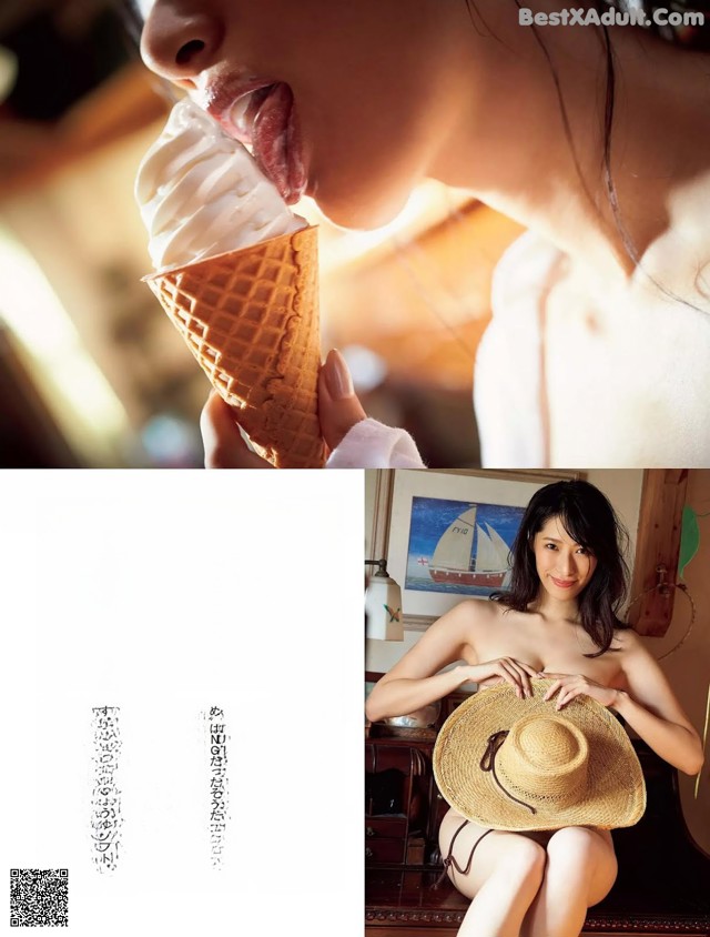 A woman in a straw hat eating an ice cream cone.